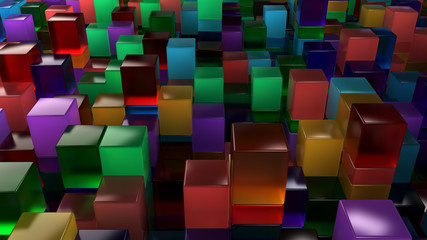 Wall of blue, green, orange and purple glass cubes