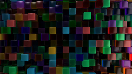 Wall of blue, green, orange and purple glass cubes