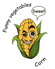 cute sweet corn with eyes and mouth, vector illustration