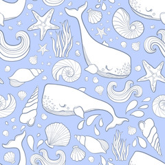 Graphic whales flying in the sky. Sea and ocean creatures. Vector fantasy seamless pattern. Coloring book page design for adults and kids