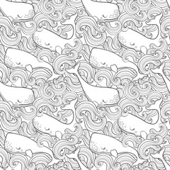 Graphic whales flying in the sky. Sea and ocean creatures. Vector fantasy seamless pattern. Coloring book page design for adults and kids