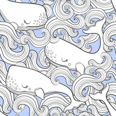 Graphic whales flying in the sky. Sea and ocean creatures. Vector fantasy seamless pattern. Coloring book page design for adults and kids