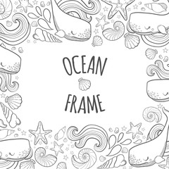 Graphic frame whales flying in the sky. Sea and ocean creatures. Coloring book page design for adults and kids