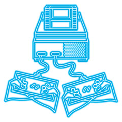 people playing video game hands holding console controller vector illustration blue neon line design