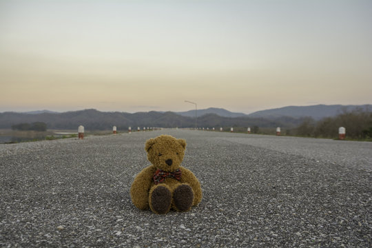Teddy bear sitting on the street in the evening.