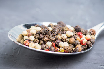 Different colors pepper in the spoon. Selective focus. Shallow depth of field.