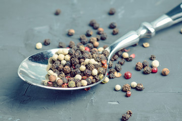 Different colors pepper in the spoon. Selective focus. Shallow depth of field.