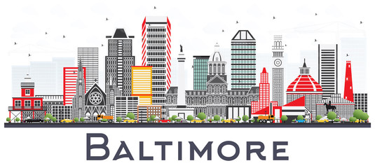 Baltimore Maryland City Skyline with Gray Buildings Isolated on White.