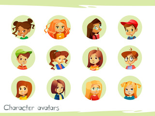 Children characters avatars vector illustration for social network chat user profile or blog account. Vector isolated cartoon round avatar icons of young boy in cap and girl kid in glasses and haircut