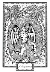Fototapeta premium Zodiac sign Archer or Sagittarius with palm tree, fire frame and lucky numbers. Hand drawn fantasy graphic vector illustration. Black and white doodle mystic drawing with engraved horoscope symbol.