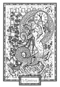 Zodiac sign Capricorn with ivy, tower and lucky numbers. Hand drawn fantasy graphic vector illustration in frame. Black and white doodle mystic drawing with engraved horoscope symbol