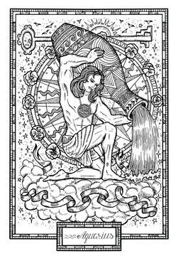 Zodiac sign Aquarius with viola flowers and lucky numbers. Hand drawn fantasy graphic vector illustration in frame. Black and white doodle mystic drawing with engraved horoscope symbol