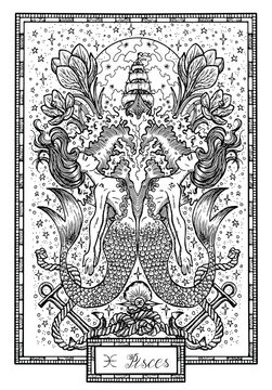 Zodiac sign Fish of Pisces with crocus flower, old ship and happy numbers. Hand drawn fantasy graphic vector illustration in frame. Black and white doodle mystic drawing with engraved horoscope symbol
