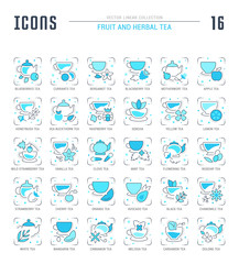 Set Blue Line Icons of Fruit and Herbal Tea.