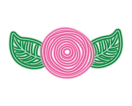 Decorative Pink Rose With Leaves Top View Vector Illustration Neon Pink And Green Line Design