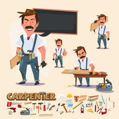 carpenter in various actions with wood work tool. character design with typographic - vector illustration