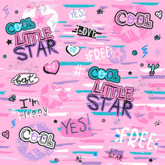 Glamour seamless pattern with heart, stickers, text, stars. Cool Little star. Girlish print for clothes, textiles, wrapping paper, web, Typography slogan. Background for Social media,  blogs.