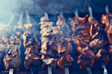 meat on charcoal shish kebab grill smoke