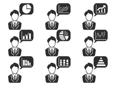 businessman with statistics symbol in speech bubble icons set