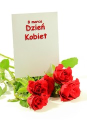 Dzień kobiet kartka z polskim tekstem, 8 marca międzynarodowy dzień kobiet, trzy róże