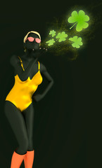 Silhouette of a girl who sends an air kiss. St. Patricks Day greeting card template. Beautiful sexy fitness woman wearing yellow swimsuit, boots and sunglasses. Front view. 3d rendering