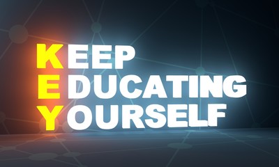 KEY word. Keep, Educating and Yourself acronym. 3D rendering. Neon bulb illumination