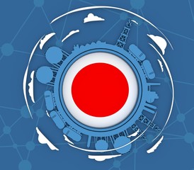 Circle with energy relative silhouettes. Objects located around circle. Industrial design background. Flag of the Japan in the center. 3D rendering