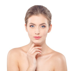 Young beautiful woman face portrait with healthy skin.