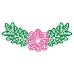 cute flower periwinkle and branch with leaves foliage decoration vector illustration neon pink and green line image