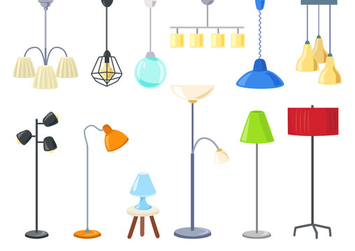 set of modern electric lamps, chandeliers, floor lamps. Isolated