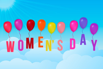 International Women’s Day vector illustration with colorful balloons in the sky. March 8 postcard. Easy to edit design template.