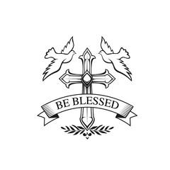 Obraz premium Happy Easter vector cross, doves and laurel icon