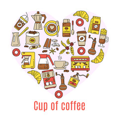 Coffee flat line icons enclosed in the shape of heart.