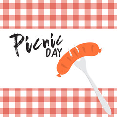 Barbecue time grilled sausage on a fork over tablecloth background. colorful flat design. vector illustration. Lettering quote logo