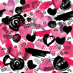 Seamless pattern with watercolor heart in memphis style