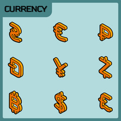 Currency color outline isometric icons