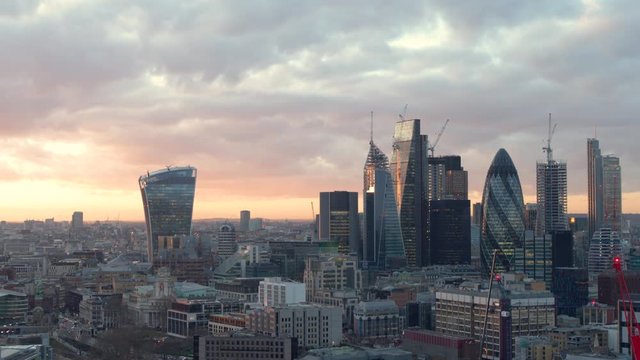 Panoramic aerial of Central London skyline under marvelous sunrise sky