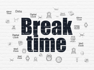 Timeline concept: Painted black text Break Time on White Brick wall background with  Hand Drawing Time Icons