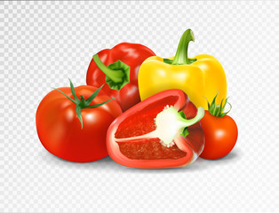 Photo-realistic vector. Red tomato and paprika vegetables. A set of products for a vegetable dish is lecho letscho lecso.