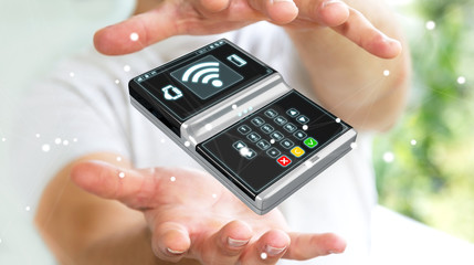 Businessman using contactless terminal payment 3D rendering