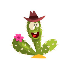 Creen cactus character with hat and flower, succulent plant with funny face vector Illustration on a white background