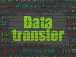 Data concept: Painted green text Data Transfer on Black Brick wall background with  Tag Cloud