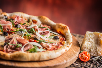 Pizza. Tasty fresh italian pizza served on old wooden table