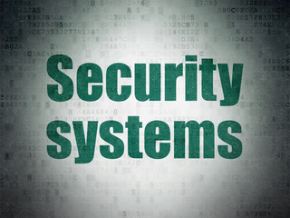 Protection concept: Painted green word Security Systems on Digital Data Paper background