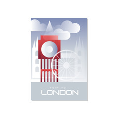 Trip to London, travel poster template, touristic greeting card, vector Illustration for magazine, presentation, banner, book cover