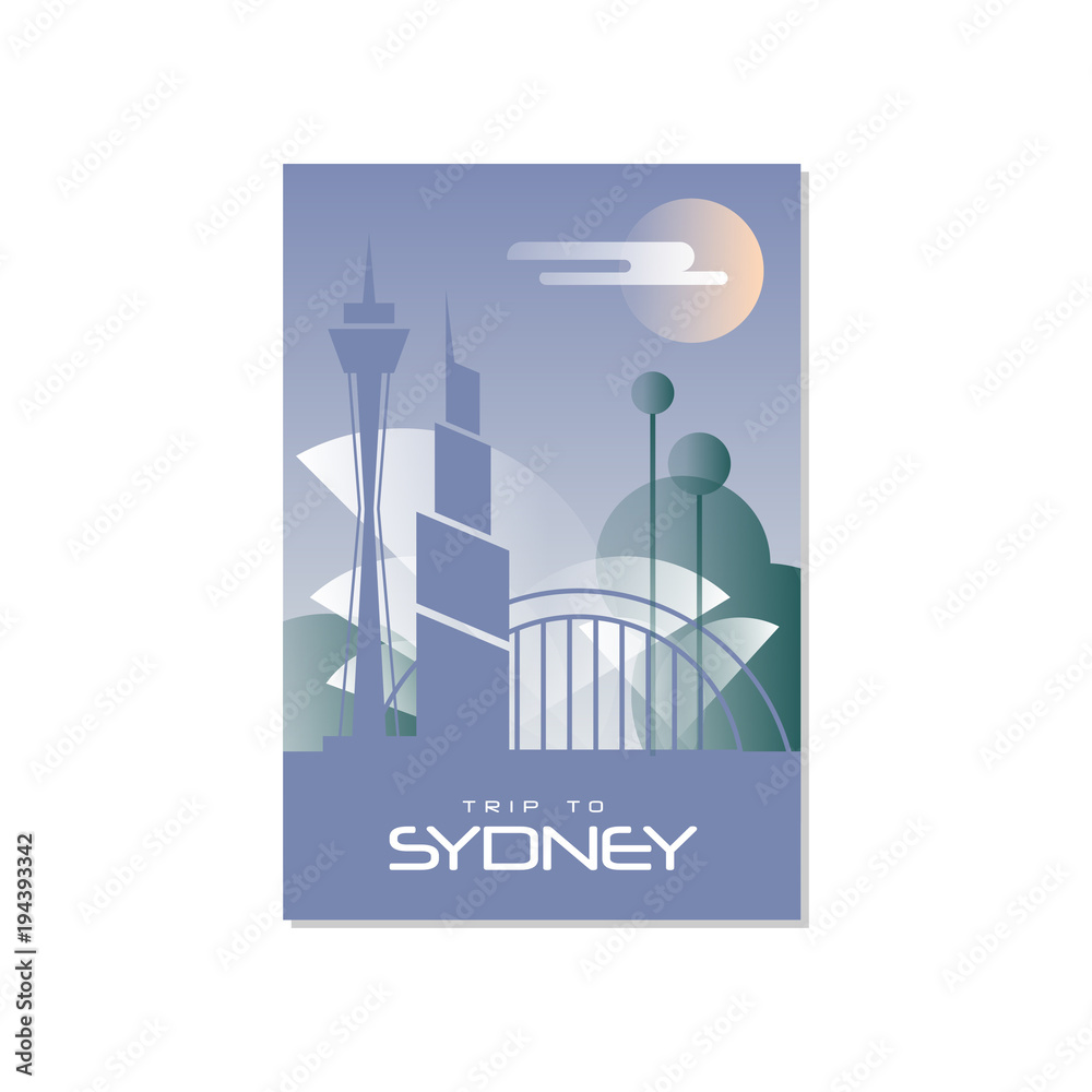 Sticker Trip to Sydney, travel poster template, touristic greeting card, vector Illustration for magazine, presentation, banner, book cover