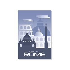 Trip to Rome, travel poster template, touristic greeting card, vector Illustration for magazine, presentation, banner, book cover