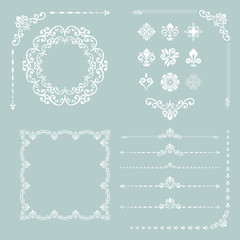 Vintage white set of vector horizontal, square and round elements. Different elements for design, frames, cards, menus, backgrounds and monograms. Classic patterns. Set of vintage patterns