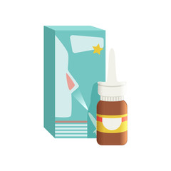 Brown glass medical nasal antiseptic spray bottle with box, pharmaceutical medicament vector Illustration on a white background