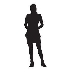 Slim young lady standing with hands in pockets. Isolated vector silhouette